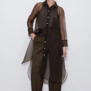 New Zara Olive Green Organza Button Up Shirt Dress Large